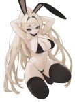  1girl absurdres animal_ears armpits arms_behind_head arms_up bikini black_bikini black_legwear blonde_hair blue_eyes blush eyebrows_visible_through_hair eyes_visible_through_hair highres long_hair looking_at_viewer mole mole_under_eye navel open_mouth original ponytail rabbit_(wlsdnjs950) rabbit_ears simple_background skindentation solo swimsuit thigh-highs very_long_hair white_background 