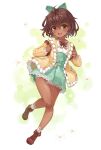  1girl ahoge ascot backpack bag blush bow brown_eyes brown_hair cardigan commission dark_skin eyebrows_visible_through_hair flower frilled_skirt frills green_skirt hair_bow highres hollyyn lace-trimmed_legwear lace_trim looking_at_viewer open_mouth original patterned_clothing shoes short_hair short_shorts shorts signature simple_background skirt smile 