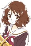  1girl brown_eyes brown_hair brown_serafuku curly_hair hibike!_euphonium instrument kitauji_high_school_uniform namori oumae_kumiko school_uniform short_hair smile solo trumpet 