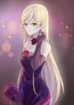  1girl bag bare_shoulders black_gloves blonde_hair breasts closed_mouth collarbone cross cross_earrings dress dress_flower earrings elbow_gloves eyebrows_visible_through_hair feet_out_of_frame girls_frontline gloves green_eyes highres holding holding_bag holding_ear jewelry long_hair looking_at_viewer purple_dress simple_background small_breasts smile solo standing stg44_(girls_frontline) suprii 