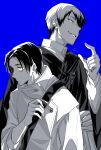  2boys blue_background closed_mouth cowboy_shot ear_piercing greyscale gusha_(orenji_hnkn) hand_up high_collar highres jacket japanese_clothes jujutsu_kaisen kimono long_sleeves looking_away male_focus monochrome multicolored_hair multiple_boys okkotsu_yuuta parted_lips partially_colored piercing school_uniform shirt short_hair simple_background spot_color standing tsurime two-tone_hair upper_body weapon_bag yellow_eyes zenin_naoya 