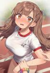  1girl bead_bracelet beads blush bracelet breasts brown_eyes brown_hair buruma clothes_writing eyebrows_visible_through_hair gym_uniform highres jewelry large_breasts long_hair looking_at_viewer original red_buruma sakura_yuki_(clochette) shadow short_sleeves solo_focus sweat thighs 