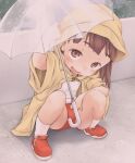  1girl bangs brown_eyes brown_hair gym_uniform ham_(points) holding holding_umbrella hood hood_up looking_at_viewer medium_hair open_mouth original outdoors raincoat road shadow shoes socks solo squatting street umbrella white_legwear wide_sleeves 