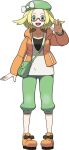  1girl :d bag bangs bianca_(pokemon) blonde_hair bow capri_pants collarbone eyelashes full_body glasses green_bag green_eyes green_headwear green_pants hand_up hat hat_bow highres jacket long_sleeves looking_at_viewer official_art open_clothes open_jacket open_mouth orange_footwear orange_jacket pants parted_bangs pokemon pokemon_(game) pokemon_bw2 red-framed_eyewear semi-rimless_eyewear shoes shoulder_bag smile solo standing tongue transparent_background upper_teeth white_bow 