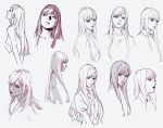  1girl bangs collarbone from_behind gigi_andalusia gundam gundam_hathaway&#039;s_flash hair_behind_ear long_hair looking_ahead looking_at_viewer looking_to_the_side monochrome multiple_views official_art open_mouth pablo production_art shaded_face sketch white_background 