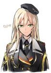  1girl beret black_jacket black_neckwear blonde_hair character_name closed_mouth eyebrows_visible_through_hair girls_frontline green_eyes hat highres jacket long_hair looking_at_viewer military military_hat military_uniform necktie shirt solo stg44_(girls_frontline) suprii uniform white_background white_shirt 