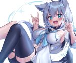  1girl :d absurdres animal_ears deaver fox_ears fox_girl highres hololive open_mouth shirakami_fubuki simple_background smile solo virtual_youtuber white_background 