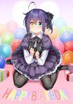  1girl absurdres ahoge balloon bangs black_bow black_dress black_footwear black_legwear blush bow bowtie chuunibyou_demo_koi_ga_shitai! clenched_hands dress eyebrows_visible_through_hair gift hair_bow happy_birthday heart heterochromia highres layered_sleeves long_sleeves looking_at_viewer puffy_short_sleeves puffy_sleeves rissenka shiny shiny_hair shiny_skin short_hair short_over_long_sleeves short_sleeves sitting smile solo takanashi_rikka thigh-highs wariza yellow_eyes 