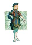  1boy belt blonde_hair blue_eyes blue_headwear boots earrings full_body gloves hat highres jewelry lingcod_dayu link low_ponytail male_focus official_alternate_costume pointy_ears royal_guard_set_(zelda) short_ponytail sidelocks simple_background smile solo standing the_legend_of_zelda the_legend_of_zelda:_breath_of_the_wild thigh-highs thigh_boots triforce white_footwear white_gloves 