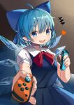  +++ 1girl :d absurdres ahoge blue_dress blue_eyes blue_hair blurry bow breasts cirno commentary_request couch cowboy_shot depth_of_field dress grey_background hair_bow heart highres holding hxj_(2324184595) ice ice_wings incoming_gift looking_at_viewer medium_breasts open_mouth pointy_ears simple_background smile solo touhou wings 