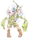  1girl arm_up armpits arrow_(projectile) bangs belt blue_eyes blush boots bow_(weapon) brown_belt brown_footwear chibi commentary_request drawing_bow eyebrows_visible_through_hair full_body green_scarf green_shirt green_shorts hair_between_eyes highres holding holding_bow_(weapon) holding_weapon long_hair looking_at_viewer lunaraven navel open_mouth pointy_ears ragnarok_online ranger_(ragnarok_online) scarf shirt shorts simple_background sleeveless sleeveless_shirt solo standing weapon white_background white_hair 