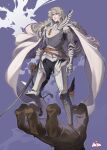  1boy armor armored_dress artist_name berserk blue_background blue_eyes cape full_body griffith_(berserk) highres long_sleeves looking_to_the_side miyo_(13th_floor) standing sword weapon white_armor white_cape white_hair 