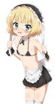  1girl animal_ears apron bikini black_bikini black_skirt blonde_hair blue_eyes blush cowboy_shot detached_collar ear_pull ears_down embarrassed fake_animal_ears flat_chest gochuumon_wa_usagi_desu_ka? green_eyes highres kirima_sharo looking_at_viewer maid_apron maid_bikini maid_headdress medium_hair micro_bikini miniskirt navel open_mouth petite pleated_skirt pulled_by_self rabbit_ears simple_background sincos skinny skirt solo standing swimsuit thigh-highs waist_apron white_background white_legwear wide-eyed wrist_cuffs 