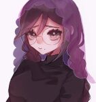  1girl ameko53133 bangs black_sweater breasts brown_eyes danganronpa:_trigger_happy_havoc danganronpa_(series) fukawa_touko glasses hair_between_eyes large_breasts long_hair looking_at_viewer mole mole_under_mouth round_eyewear simple_background smile solo sweater veil white_background 