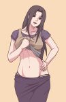  1girl abs black_eyes black_hair breasts character_request clothes_lift clothes_pull groin hand_on_hip head_tilt highres indy_rique long_hair looking_at_viewer medium_breasts naruto_(series) navel pants pants_pull self_exposure shirt shirt_lift smile solo under_boob yellow_background 