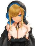 1girl alice_lendrott bare_shoulders blonde_hair blue_eyes breasts cleavage collarbone detached_sleeves dress frilled_dress frills highres large_breasts mitsugu one_eye_closed shinigami_bocchan_to_kuro_maid sidelocks solo 