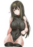  1girl bangs bare_arms blush breasts brown_eyes closed_mouth dano girls_frontline green_hair green_leotard heart highleg highleg_leotard highres large_breasts leotard licking_lips looking_at_viewer m4a1_(girls_frontline) multicolored_hair ribbed_leotard simple_background solo streaked_hair thigh-highs tongue tongue_out white_background 