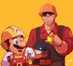  ?_block chain_chomp collared_shirt dispenser_(team_fortress) english_commentary facial_hair flapdoodlez giant goggles hardhat helmet mario super_mario_bros. mustache overalls red_shirt shirt simple_background size_difference smile super_mario_maker team_fortress_2 the_engineer the_scout yellow_background 