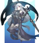  1girl arknights ascot bare_shoulders black_gloves black_neckwear black_pants blue_background boots brown_footwear clothing_cutout ekuesu full_body gloves highres holding holding_weapon long_hair looking_at_viewer low-tied_long_hair no_hat no_headwear orca pants red_eyes silver_hair skadi_(arknights) solo sword thigh_cutout thigh_strap two-tone_background very_long_hair weapon white_background 