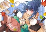  1girl artist_name autumn_leaves baozi blue_background blue_hair blush boots brown_footwear brown_scarf chopsticks coat cup cup_noodle dango disposable_cup feet_out_of_frame fingerless_gloves food ginkgo_leaf gloves hair_bun kawanobe plaid poncho scarf shima_rin sidelocks skirt solo steam wagashi yurucamp 