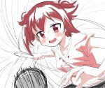  1girl :d ball blush holding looking_at_viewer monochrome open_mouth paddle red_eyes red_theme redhead shakunetsu_no_takkyuu_musume short_sleeves sincos smile solo table_tennis_ball table_tennis_paddle tsumujikaze_koyori twintails upper_teeth 