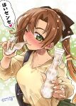  1girl akigumo_(kancolle) alternate_costume beige_blouse blush brown_hair commentary_request green_eyes hair_ribbon highres kantai_collection long_hair long_sleeves looking_at_viewer nose_blush one_eye_closed ponytail ribbon sleeves_rolled_up solo takana_shinno translation_request tupet 