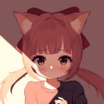  1girl animal_ear_fluff animal_ears bangs bitseon black_sweater blush bow brown_eyes brown_hair copyright_request eyebrows_visible_through_hair hair_bow hair_intakes looking_at_viewer original red_bow solo sun sweater twintails 