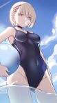  1girl bangs bare_shoulders blush breasts highres looking_at_viewer medium_breasts original short_hair solo spider_apple swimsuit thighs violet_eyes white_hair 