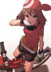  1girl bandana bicycle bike_shorts black_gloves blue_eyes blush bottle brown_hair closed_mouth fu-ta gloves ground_vehicle highres holding holding_bottle may_(pokemon) pokemon pokemon_(game) pokemon_rse red_bandana short_hair smile solo sweat two-tone_gloves white_gloves 