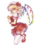  1girl blonde_hair flandre_scarlet glasses hat high_heels highres hisao_0111 red_footwear short_sleeves simple_background solo thigh-highs touhou white_background white_legwear wings 