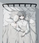  1boy absurdres avogado6 bags_under_eyes bed_sheet black_eyes closed_mouth collared_shirt commentary_request from_above grey_background grey_hair highres long_sleeves male_focus mannequin on_bed original pillow shirt simple_background solo white_shirt wide-eyed wing_collar 
