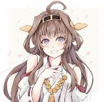  1girl ahoge blush breasts brown_hair dairyo3 detached_sleeves double_bun eyebrows_visible_through_hair hairband hand_on_own_chest headgear highres japanese_clothes kantai_collection kongou_(kancolle) long_hair looking_at_viewer medium_breasts nontraditional_miko petals ribbon-trimmed_sleeves ribbon_trim smile solo violet_eyes white_background 