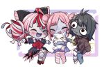  3girls @_@ ^_^ ajisai_eurydice animal bandaged_arm bandaged_leg bandages bangs black_bow black_dress blush bow brown_eyes brown_hoodie cat chibi closed_eyes colored_skin double_bun dress eyebrows_visible_through_hair fang fang_out fangs green_hair grey_hair grey_skin hair_bow hair_ornament hairclip hand_on_own_knee highres holding holding_animal holding_cat hololive hololive_indonesia hood hoodie indie_virtual_youtuber kureiji_ollie multicolored_hair multiple_girls open_hands patchwork_skin poking red_bow redhead second-party_source short_hair torn_clothes torn_dress trait_connection virtual_youtuber vyolfers zombie zonbko 