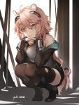  1girl ahoge animal_ears arknights armor artist_name bare_shoulders black_footwear black_jacket black_legwear boots bracelet eyebrows_visible_through_hair gravel_(arknights) head_rest highres infection_monitor_(arknights) jacket jewelry looking_at_viewer mouse_ears mouse_girl mouse_tail off_shoulder pink_hair short_hair smile solo squatting tail thigh-highs thighs torn_clothes torn_legwear yellow_eyes yuuki_uyu 
