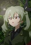  1girl absurdres anchovy_(girls_und_panzer) anzio_military_uniform bangs belt black_neckwear black_ribbon black_shirt brown_eyes dress_shirt drill_hair drops_mint eyebrows_visible_through_hair fang frown girls_und_panzer girls_und_panzer_saishuushou glaring green_hair grey_jacket hair_ribbon highres jacket long_hair long_sleeves looking_to_the_side military military_uniform necktie night open_mouth outdoors parody ribbon sam_browne_belt shirt solo squinting twin_drills twintails uniform upper_body wing_collar 