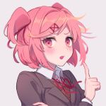  1girl blush commentary doki_doki_literature_club fang hair_ornament hair_ribbon hands_up index_finger_raised long_sleeves looking_at_viewer m1stm1 natsuki_(doki_doki_literature_club) neck_ribbon open_mouth pink_eyes pink_hair portrait red_neckwear red_ribbon ribbon school_uniform short_hair simple_background solo two_side_up upper_body white_background x_hair_ornament 