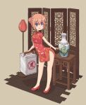  1girl :p china_dress chinese_clothes double_bun dress gochuumon_wa_usagi_desu_ka? highres holding hoto_cocoa lamp light_brown_hair mohei red_dress red_footwear room_divider shoes solo table tongue tongue_out vase violet_eyes 