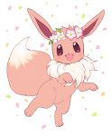  :d amezawa_koma eevee full_body gen_1_pokemon head_wreath looking_at_viewer no_humans open_mouth petals pokemon pokemon_(creature) smile solo 