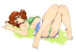  1girl bare_arms bare_legs bare_shoulders barefoot blue_skirt bra brown_eyes brown_hair curly_hair feet full_body green_bra green_panties hibike!_euphonium highres looking_at_viewer medium_hair oumae_kumiko panties sbel02 short_hair skirt underwear white_skirt 