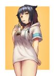  1girl animal_ears arknights bangs bare_legs blue_stripes blush cat_ears dark_blue_hair drink drinking_straw_in_mouth eyebrows_visible_through_hair green_eyes highres holding holding_drink hood hood_down hoodie jessica_(arknights) looking_at_viewer multicolored_hair orange_background shirt_tug short_hair simple_background solo taku57 two-tone_hair white_hoodie 