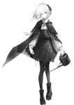  1girl black_footwear boots cape capelet expressionless grey_eyes hairband high-waist_skirt highres hito_komoru holding holding_stick holding_watering_can long_sleeves original pale_skin pantyhose puffy_long_sleeves puffy_sleeves shadow shirt short_hair simple_background skirt solo standing stick watering_can white_background white_hair white_shirt wind 