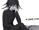  2boys arm_support bangs belt black_hair black_jacket black_pants blue_belt cheek_rest closed_mouth commentary_request dangan_ronpa_(series) dangan_ronpa_v3:_killing_harmony dual_persona eyebrows_visible_through_hair game_over grey_pants hair_between_eyes hand_on_own_face iumi_urura jacket long_sleeves looking_at_viewer lying male_focus multiple_boys on_back open_mouth ouma_kokichi pale_skin pants simple_background sitting white_background 