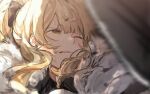  1girl arknights black_bow black_shirt blemishine_(arknights) blonde_hair blurry bow commentary depth_of_field hair_bow highres jacket long_hair lyas one_eye_closed portrait shirt sketch solo sweatdrop white_jacket yellow_eyes 