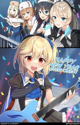  5girls absurdres concert english_text female_commander_(girls_frontline) fur_hat g36_(girls_frontline) girls_frontline gloves glowstick guitar happy_new_year hat highres idol instrument maid mini_hat mod3_(girls_frontline) mosin-nagant_(girls_frontline) multiple_girls nagant_revolver_(girls_frontline) new_year official_alternate_costume ppsh-41_(girls_frontline) rynzfrancis siblings sisters ushanka 