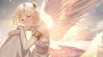  1girl angel angel_wings bangs bare_shoulders blonde_hair clouds dress elbow_gloves gloves highres kainownill light long_hair looking_at_viewer original red_eyes sky sleeveless sleeveless_dress smile solo sunlight white_dress white_gloves wings 