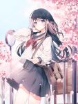  1girl a20_(atsumaru) arm_up bag black_hair blue_sailor_collar blue_skirt blue_sky blush cherry_blossoms closed_mouth copyright_request flower hand_on_own_face highres holding holding_bag leather_bag long_hair long_sleeves looking_at_viewer mirror neckerchief official_art outdoors pink_flower pleated_skirt red_neckwear sailor_collar school_uniform serafuku shirt skirt sky solo standing tree violet_eyes white_shirt 