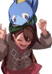 1girl blush brown_eyes brown_hair cardigan fu-ta gloria_(pokemon) green_headwear grey_cardigan hands_up hat long_sleeves one_eye_closed open_mouth pokemon pokemon_(creature) pokemon_(game) pokemon_swsh short_hair smile sobble tam_o&#039;_shanter teeth