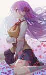  1girl beige_vest black_skirt fate/stay_night fate_(series) goin2222 hair_ribbon hand_on_own_arm highres homurahara_academy_uniform kneehighs long_hair long_sleeves looking_to_the_side matou_sakura parted_lips petals pleated_skirt purple_hair red_ribbon ribbon school_uniform shirt sitting skirt solo tears vest violet_eyes wariza white_legwear white_shirt 