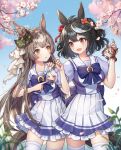  2girls :d absurdres animal_ears bangs black_hair blue_bow blurry blurry_background blurry_foreground blush bow breasts brown_eyes brown_hair character_doll cherry_blossoms commentary_request cowboy_shot doll eyebrows_visible_through_hair frilled_skirt frills hair_ornament hand_on_another&#039;s_shoulder hands_up highres holding holding_doll horse_ears horse_girl horse_tail huge_filesize kasia0309 kitasan_black long_hair looking_at_another medium_breasts mejiro_mcqueen_(umamusume) multicolored_hair multiple_girls open_mouth pleated_skirt puffy_short_sleeves puffy_sleeves purple_shirt red_eyes satono_diamond school_uniform shirt short_sleeves skirt smile standing streaked_hair tail thigh-highs tokai_teio_(umamusume) tracen_school_uniform umamusume very_long_hair white_hair white_legwear white_skirt 