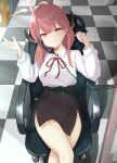  1girl aru_(blue_archive) bare_legs black_skirt blue_archive chair checkered checkered_floor closed_mouth crossed_legs eyebrows_visible_through_hair from_above hand_up highres holding holding_pen holding_phone horns koenza_botoke legs long_hair looking_at_viewer neck_ribbon office_chair orange_eyes pen phone pink_hair red_ribbon ribbon shirt sitting skirt smile solo white_shirt 